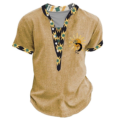 Herren Stammes Bandana-Print T Shirt Henley Hemd Kurzarm 3D-Druck Designer Ethnisch Urlaub Lässig Täglich Sommer Frühling Gelb Grün Khaki Henley Henley T-Shirt Image
