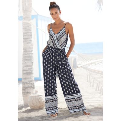 Overall VIVANCE, Damen, Gr. 36, N-Gr, blau (blau, bedruckt), Web, Obermaterial: 100% Viskose, bedruckt, modisch, figurumspielend lang, tiefer V-Ausschnitt, ohne Ärmel, Overalls, mit Bordürendruck und Taschen, sommerlicher Jumpsuit, weites Bein Image