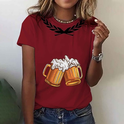 Druck T-Shirt Ärmel Cosplay Kostüm T-Shirt Bier Klassisch Streetstyle für Damen Erwachsene Heißprägen für Karneval Oktoberfestbier Party Alltagstauglich Image