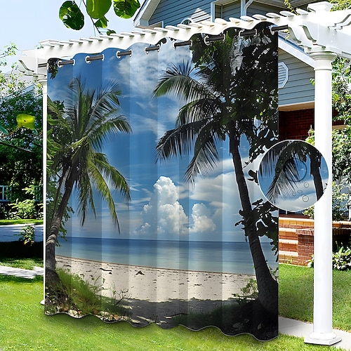 Wasserdichter Outdoor Vorhang Sichtschutzvorhang für den Außenbereich, Schiebevorhänge für die Terrasse, Pergola mit Ösen, Strand-Palmen-Landschaft für Pavillon, Balkon, Veranda, Party, 1 Panel Image