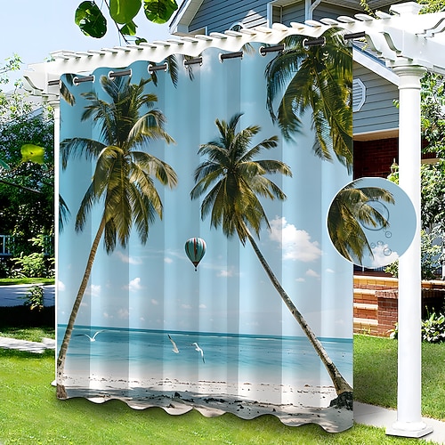 Wasserdichter Outdoor Vorhang Sichtschutzvorhang für den Außenbereich, Schiebevorhänge für die Terrasse, Pergola mit Ösen, Strand-Palmen-Landschaft für Pavillon, Balkon, Veranda, Party, 1 Panel Image