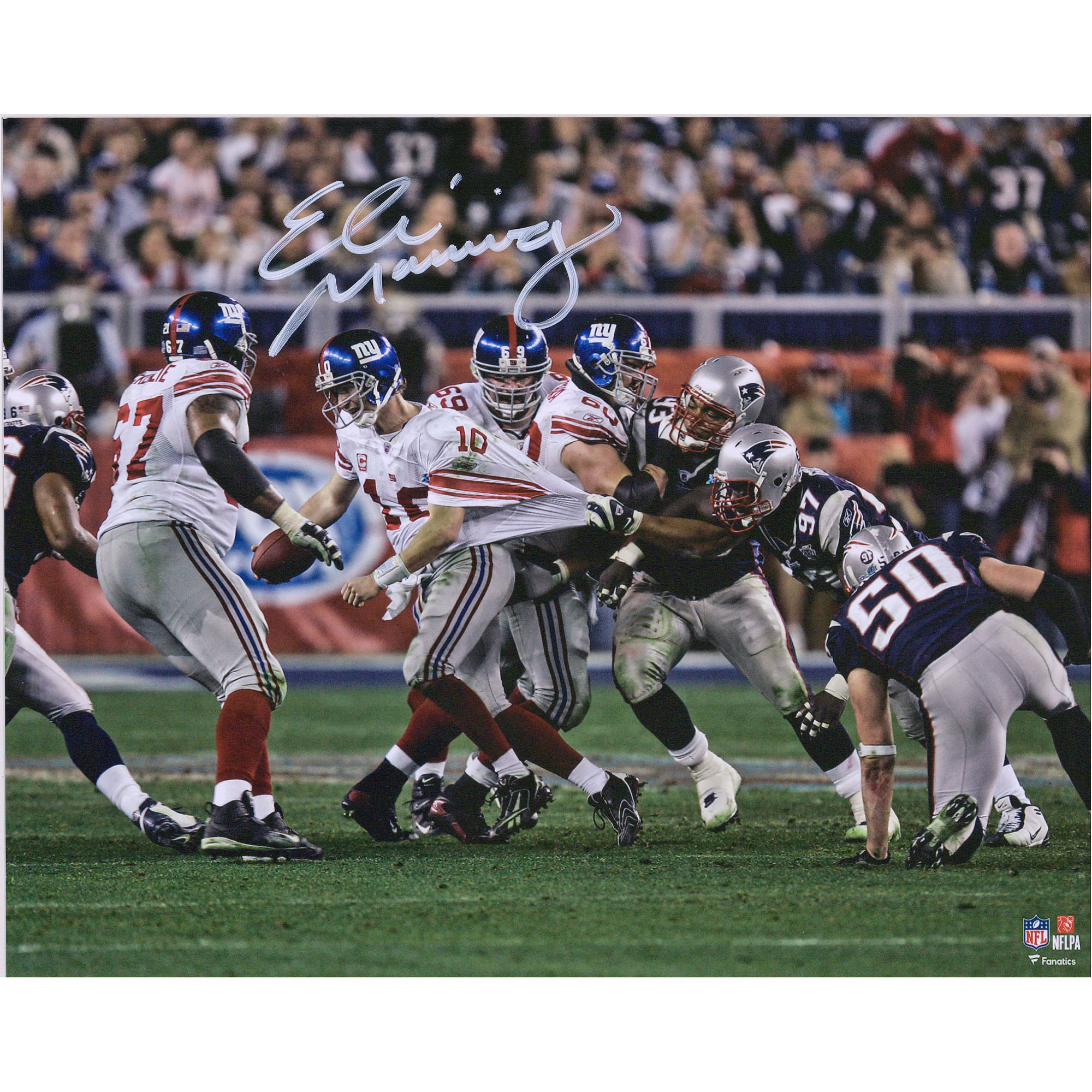 Signiertes 8 x 10 Zoll großes Foto von Eli Manning, New York Giants, Super Bowl XLII Escape Image