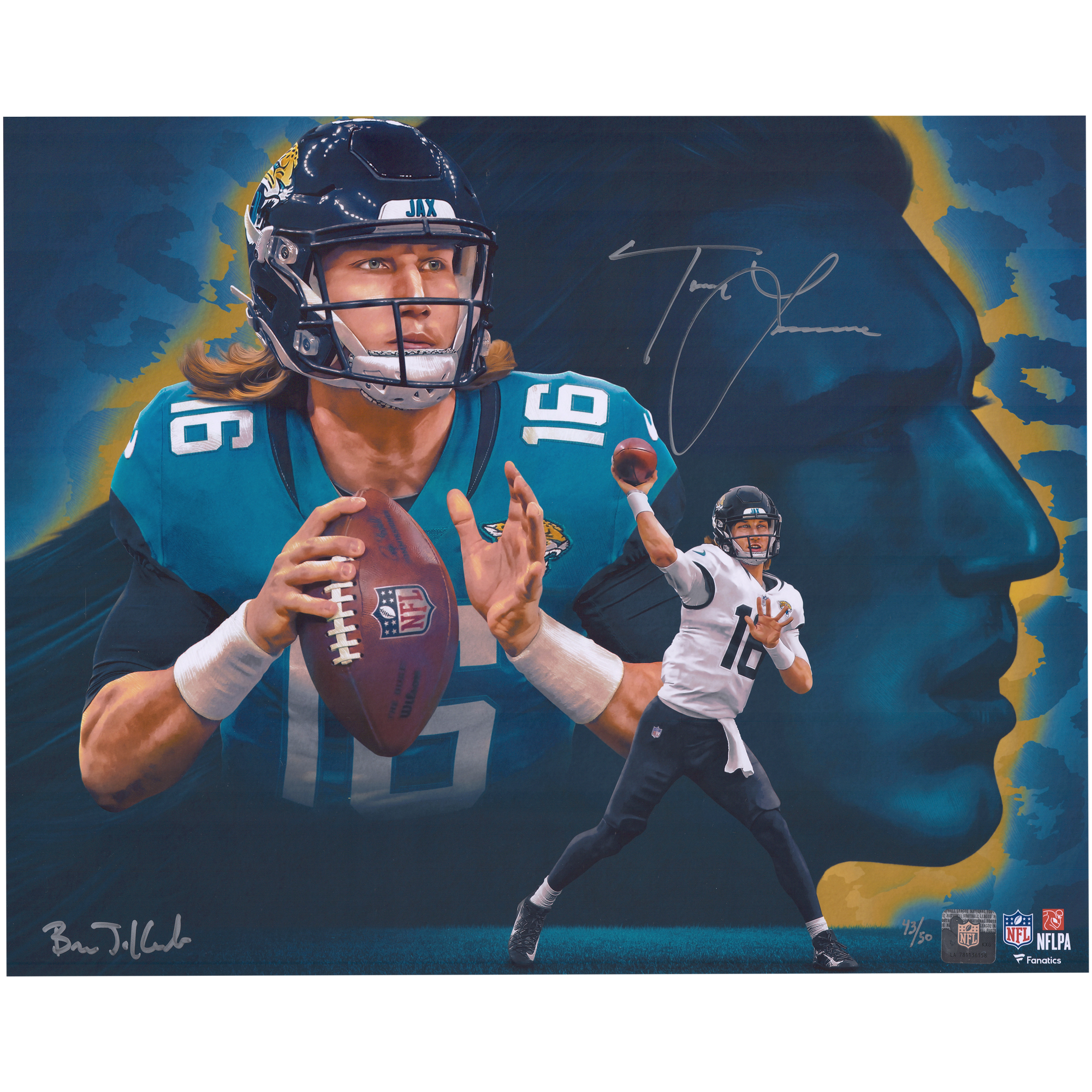 Autogrammfotodruck der Jacksonville Jaguars von Trevor Lawrence, 40,6 x 50,8 cm – erstellt und signiert vom Künstler Brian Konnick – limitierte Auflage von 50 Stück Image
