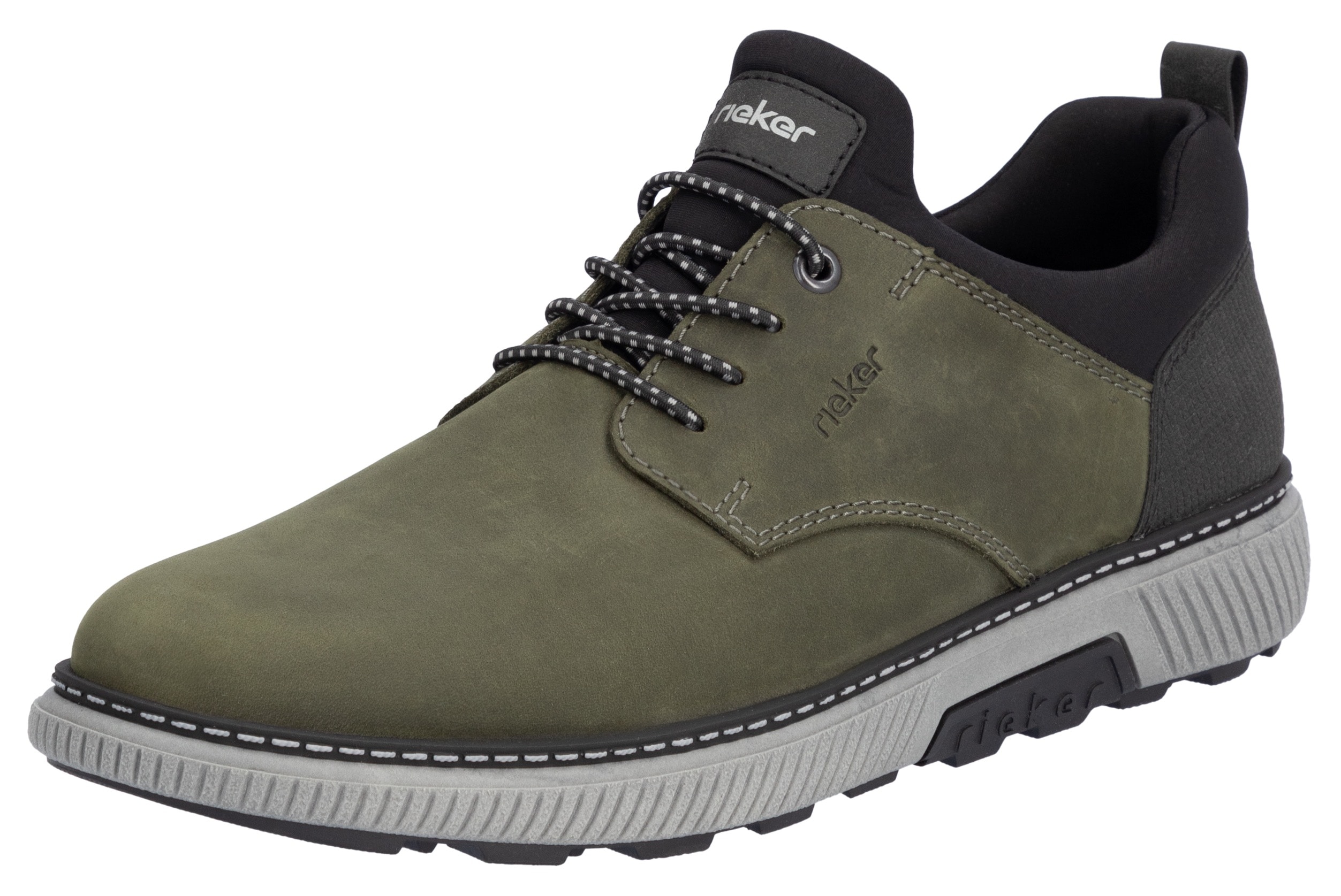 Slip-On Sneaker RIEKER, Herren, Gr. 46, schwarz (khaki, schwarz), Lederimitat, Nubukleder, Textil, Schuhe, Slipper, Halbschuh, Freizeitsneaker zum Schlupfen
