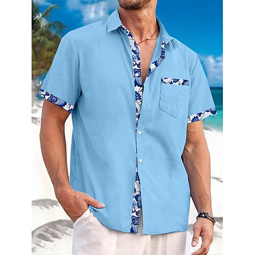 Herren leinenhemd Sommerhemd Strandbekleidung Lässiges Hemd Knopfhemd Glatt Urlaub Curise Schwarz Weiß Rosa Blau Kurzarm Kargen Frühling Sommer Bekleidung Vordertasche Image