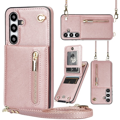 Handy Hülle Handyhüllen Für Samsung Galaxy S25 S24 S23 S23 FE S22 S21 Ultra Plus S20 Rückseite Brieftaschenhülle Reisverschluss mit Trageriemen Ständer Retro TPU PU-Leder Image
