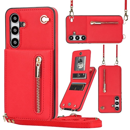 Handy Hülle Handyhüllen Für Samsung Galaxy S26 Ultra Plus S25 S24 S23 S22 S23 FE S21 Ultra Plus S20 Rückseite Brieftaschenhülle Reisverschluss mit Trageriemen Ständer Retro TPU PU-Leder Image