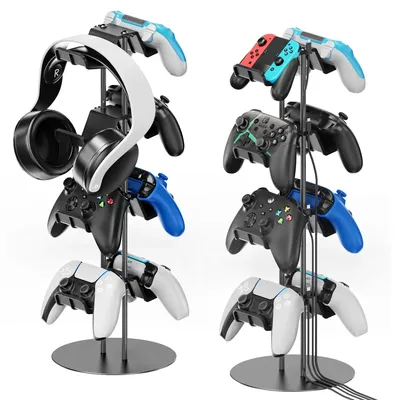 Universal Controller Stand 4 Tiers with Cable Organizer Headset Holder & Desk Mounts for 8 Packs