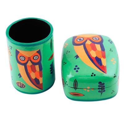 Owl Story in Teal,'Papier Mache Owl-Motif Pen Holder'