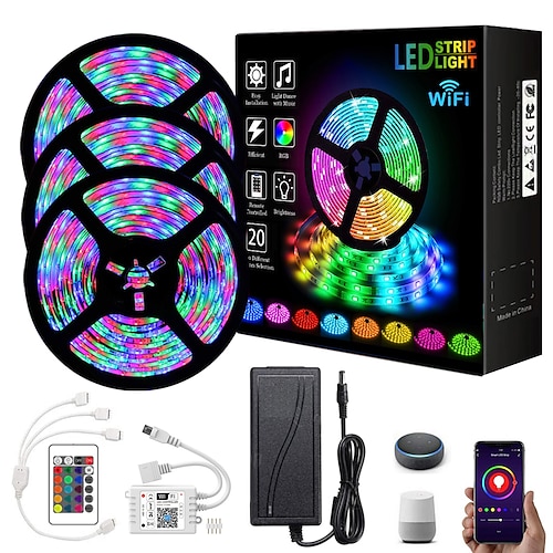 Smart RGB LED Streifenlicht App Steuerung 15m 49ft 2835 SMD 810 LEDs IR 24-Tasten-Controller funktioniert mit Alexa 12V 3A Adapter-Kit Image