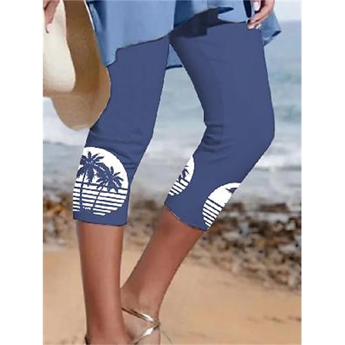 Damen Capri-Shorts Gemütliche Leggings Alltagstauglich Wadenlang Baum Druck Atmungsaktivität Bequem Mikroelastisch Urlaub Wochenende Blau Weiß Rosa Marinenblau Sommer Normale Passform Image