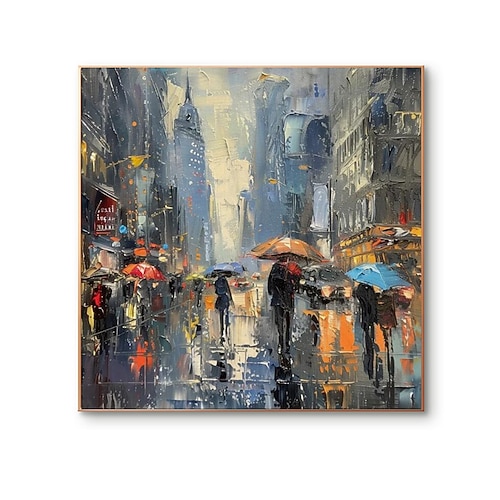 Fußgänger mit Regenschirmen in einer regnerischen Stadt, Ölgemälde, handgemalt, regnerische Stadt, Ölgemälde, handgemachte Stadtbildkunst, urbane Malerei, Leinwand, Heimdekoration, gespannter Rahmen, Image