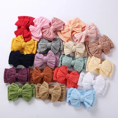 20Pcs/Lot Solid Cable Bow Baby Turban Headband Kids Nylon Layers Elastic Headwraps Newborn Boy Girl