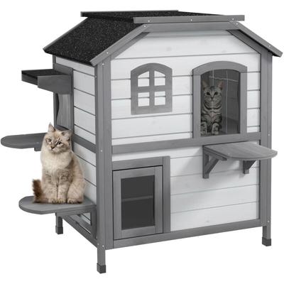 Katzenhaus aus Holz 2-Etagen Winterfest wasserdicht Katzenhütte mit Asphaltdach klappbarem Deckel Image