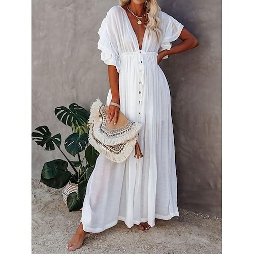 Damen kleid lang abendkleider Casual kleid Schaukelkleid Einfarbig Modisch Brautkleider schlicht Outdoor Täglich Urlaub Rüsche Rückenfrei Kurzarm V Ausschnitt Kleid Lockere Passform Armeegrün Wei
