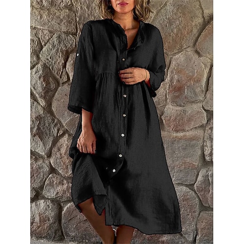 Damen Midikleid Kunstbaumwollleinen Hemdblusenkleid Freizeitkleid Täglich Klassisch Lässig Täglich Outdoor Urlaub Lässiger Schnitt Einfach Langarm Hemdkragen Schwarz Weiß Grün Rosenrot Sommer Frühling Image