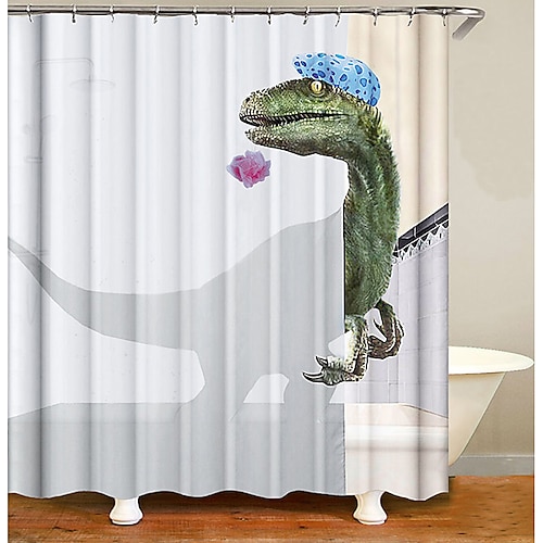 Dinosaurier Duschvorhang Set 200 cm hoch mit Haken für das Badezimmer Weiß Spaß Kinder Stoff Duschvorhänge Coole süße einzigartige Raptor Badezimmeraccessoires Dekor Image