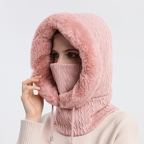 Hochwertiges Winterpelzmützen-Maskenset mit Kapuze für Frauen, gestrickter Kaschmirhals, warmer Outdoor-Ski, winddichte Mütze, dicke, flauschige Mützen Image