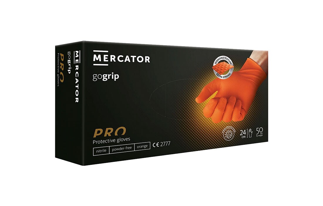 MERCATOR MEDICAL GoGRIP+ Nitrilhandschuhe, puderfrei, latexfrei, Diamanttextur in orange 1x 50 Stück Größe: M Image