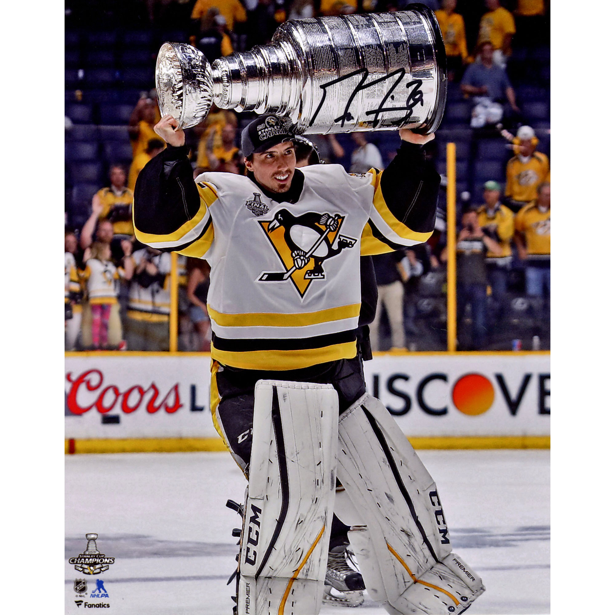 Marc-Andre Fleury, Pittsburgh Penguins, signiertes 20,3 x 25,4 cm großes Foto „Raising Cup“ der Stanley Cup-Sieger 2017 Image