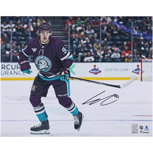 Autogrammfoto von Leo Carlsson, Anaheim Ducks, 16 x 20 Zoll, lila Trikot