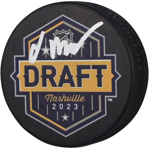 Oliver Moore Chicago Blackhawks signierter Hockeypuck mit Logo des Draft 2023