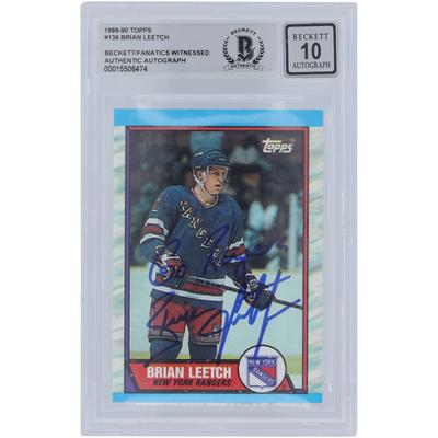 Brian Leetch New York Rangers signierte 1989-90 Topps #136 Beckett Fanatics bezeugte authentifizierte 10 Rookie-Karte mit "Go Rangers"-Aufschrift Image