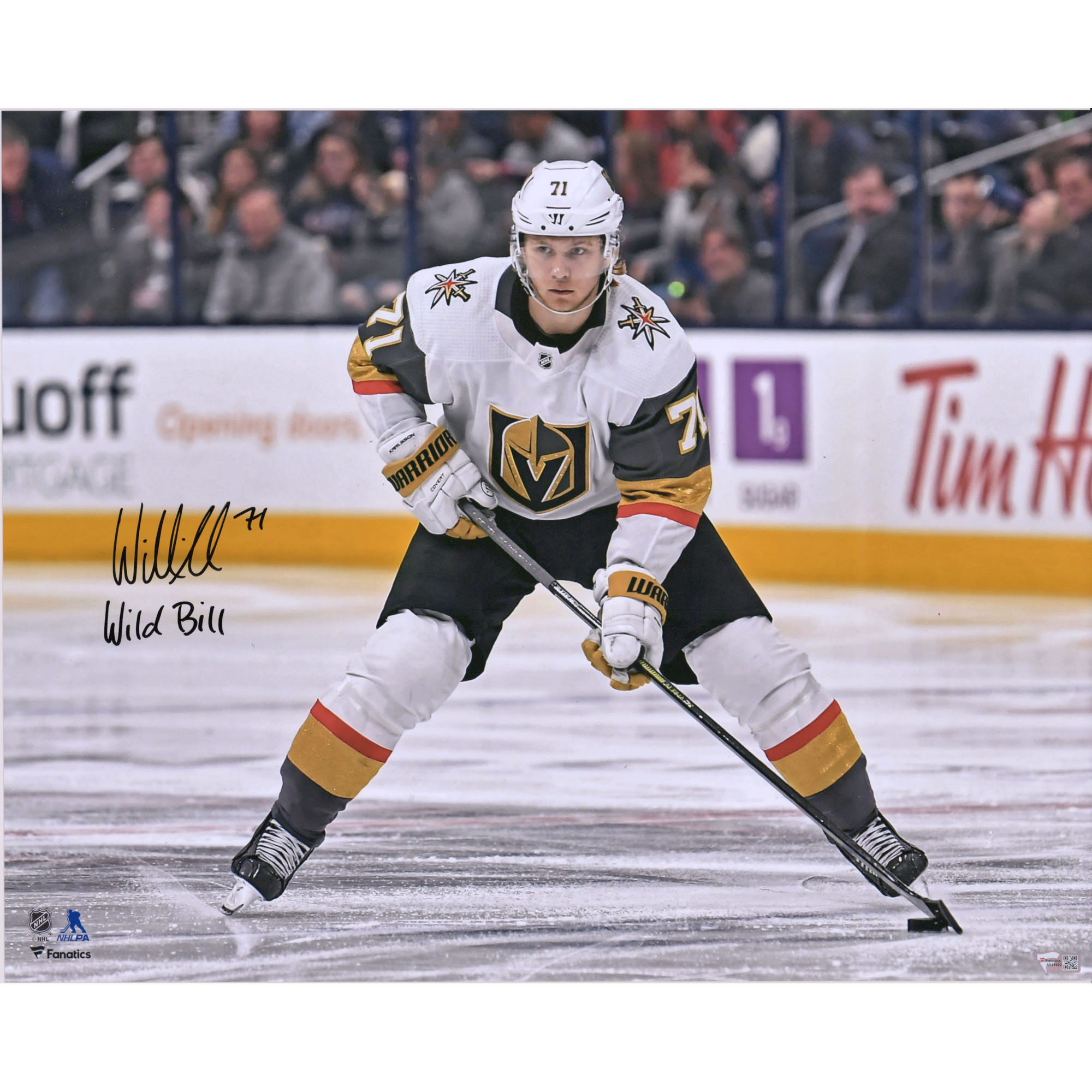 Signiertes Eiskunstlauffoto von William Karlsson von den Vegas Golden Knights, 16 x 20 Zoll, auf weißem Trikot mit der Aufschrift „Wild Bill“ Image