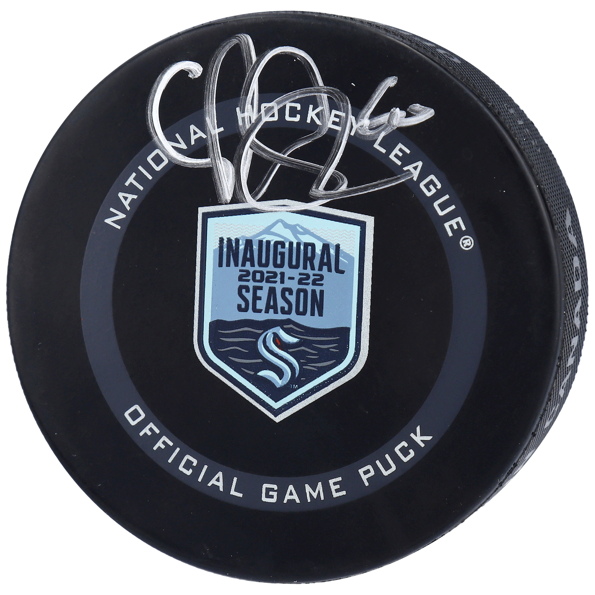 Chris Driedger Seattle Kraken signierter offizieller Spielpuck zur Eröffnungssaison 2021–22 Image