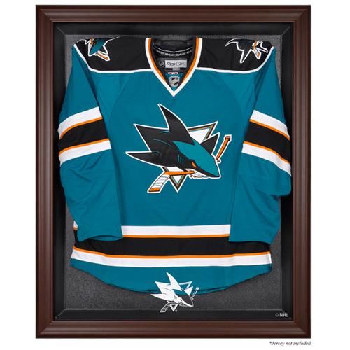 Vitrine mit Logo-Trikot der San Jose Sharks in Braun mit Rahmen