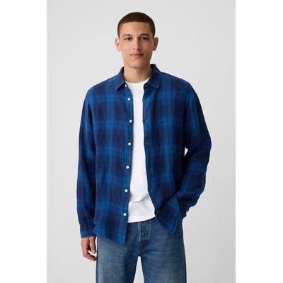 Gap Mens Blue Check 100% Linen Long Sleeve Shirt - Blue Check