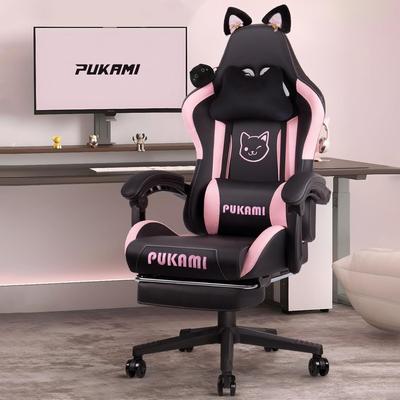 BOSSIN Gaming Chair with Cat Ears and Cat Paw Cushion Pillow,Cute Kawaii Reclining Computer Chair for Girl with Footrest