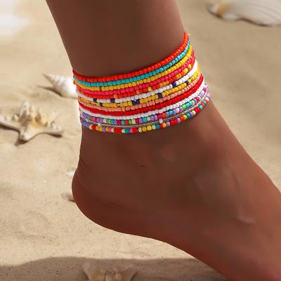 TEMU 13-piece Set, Colorful Beaded Anklet Chains, Bohemian , Summer Versatile Accessory, Handcrafted Bead Foot Jewelry, Ladies Daily And Holiday Wear Image