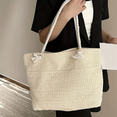 TEMU Large Capacity Chic Straw Tote Bag For Women - Handmade Woven Summer Shoulder Bag With Magnetic Closure, Khaki/ivory, Vacation Image