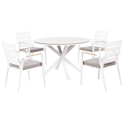 Gartenmöbel Set 5-teilig Weiß und Taupe Aluminium Tisch ⌀ 120 cm Rund Keramikplatte mit 4 Stühlen Auflagen Grau Stapelbar Terrasse Außenbereich