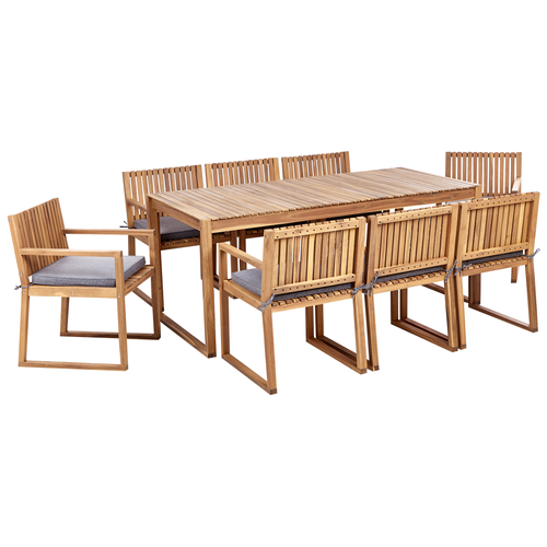 Gartenmöbel Set 8-Sitzer Hellbraun Zertifiziertes Akazienholz Tisch mit 8 Stühlen und Sitzkissen Grau Rustikal Modern Terrasse Garten