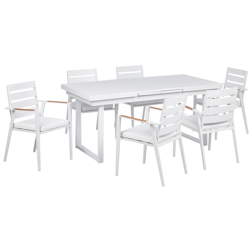 Gartenmöbel Set 7-teilig Weiß Aluminium Ausziehtisch 180 / 240 x 90 cm Latten-Tischplatte Rechteckig mit 6 Stühlen Auflagen Weiß Stapelbar