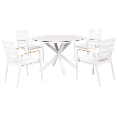 Gartenmöbel Set 5-teilig Weiß und Taupe Aluminium Tisch ⌀ 120 cm Rund Keramikplatte mit 4 Stühlen Auflagen Weiß Stapelbar Terrasse Außenbereich