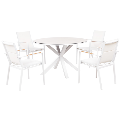 Gartenmöbel Set 5-teilig Weiß u. Taupe Aluminium Tisch ⌀ 120 cm Rund Keramikplatte mit 4 Stühlen Bespannt Stapelbar Terrasse Außenbereich