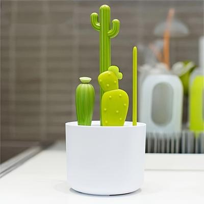 4pcs Cactus Shaped Multifunctional Bottle Brushes Set, Durable Straw Cleaner With Long Handle, Bpa-free Flexible Brush, Green & White, Kitchen Tools