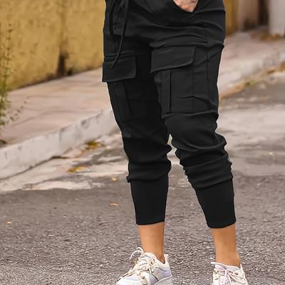 TEMU Women's High- Jogger Cargo Pants With Covered Pockets, Drawstring Waist - Stretchy Outdoor Sports And Casual Wear, Solid Color Black Polyester