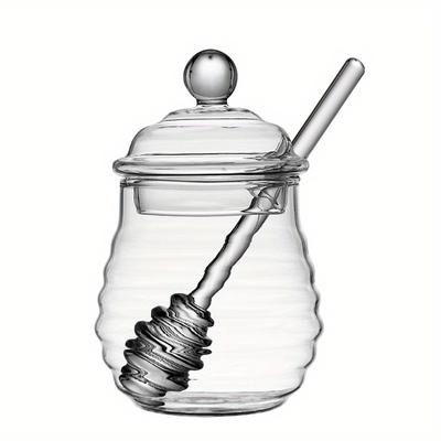 TEMU 1pc, 280ml/9.5oz Clear Glass Honey Jar With Stirring Rod, Heat Resistant, Honey, Syrup, Sugar Storage, Essential