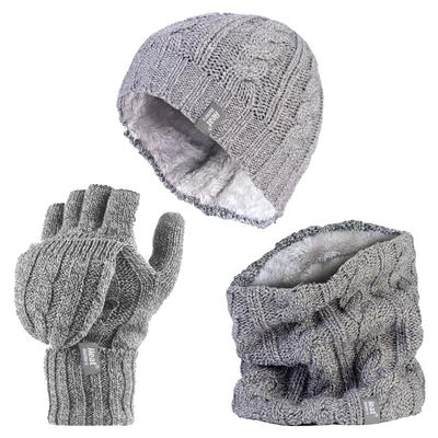 Heat Holders - Womens Thermal Winter Fleece Mütze, Halswärmer und Converter Handschuhe Set - Hellgrau Image