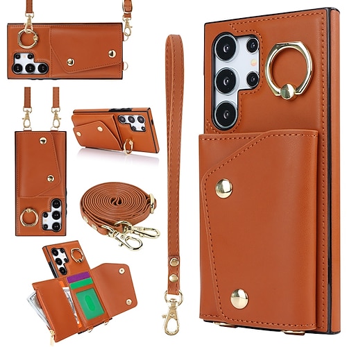 Handy Hülle Handyhüllen Für S26 Ultra Plus S25 S24 S23 S22 S23 FE S21 Ultra Plus A55 5G A35 5G A25 Brieftaschenhülle Reisverschluss mit Trageriemen Mit Handgelenkschlaufe Retro TPU PU-Leder Image