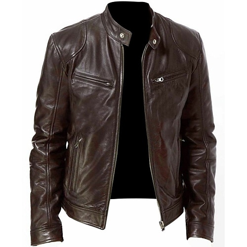 Herren Kunstlederjacke übergangsjacke Bikerjacke Lacklederjacke Alltagskleidung Thermowarm Winddicht Vollreißverschluss Herbst Einfarbig Einfach Lässig Stehkragen Normale Passform Schwarz Braun Jacken Image