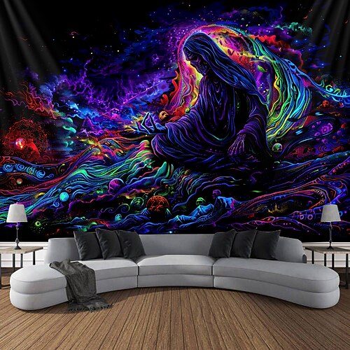 Schwarzlicht-Wandteppich, UV-reaktiv, im Dunkeln leuchtend, Glow Party, Neon-Zauberer, Zen, Yin-Yang, psychedelisch, trippig, neblig, Wandteppich zum Aufhängen, Wandkunst, Wandbild fürs Wohnzimmer Image