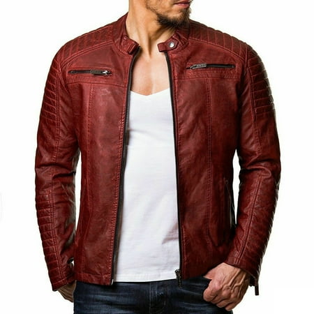 HWRETIE Men s Leather Plus Fleece Jacket Motorcycle Jacket Warm Leather Jacket Red 6(M)