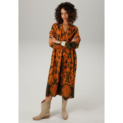 Blusenkleid ANISTON CASUAL, Damen, Gr. 42, N-Gr, bunt (dunkeloliv, terrakotta, marine), Web, Obermaterial: 100% Viskose, bedruckt, gemustert, modisch, figurumspielend kniebedeckend, V-Ausschnitt, Langarm Rippbündchen, Kleider, mit großflächigem,... Image