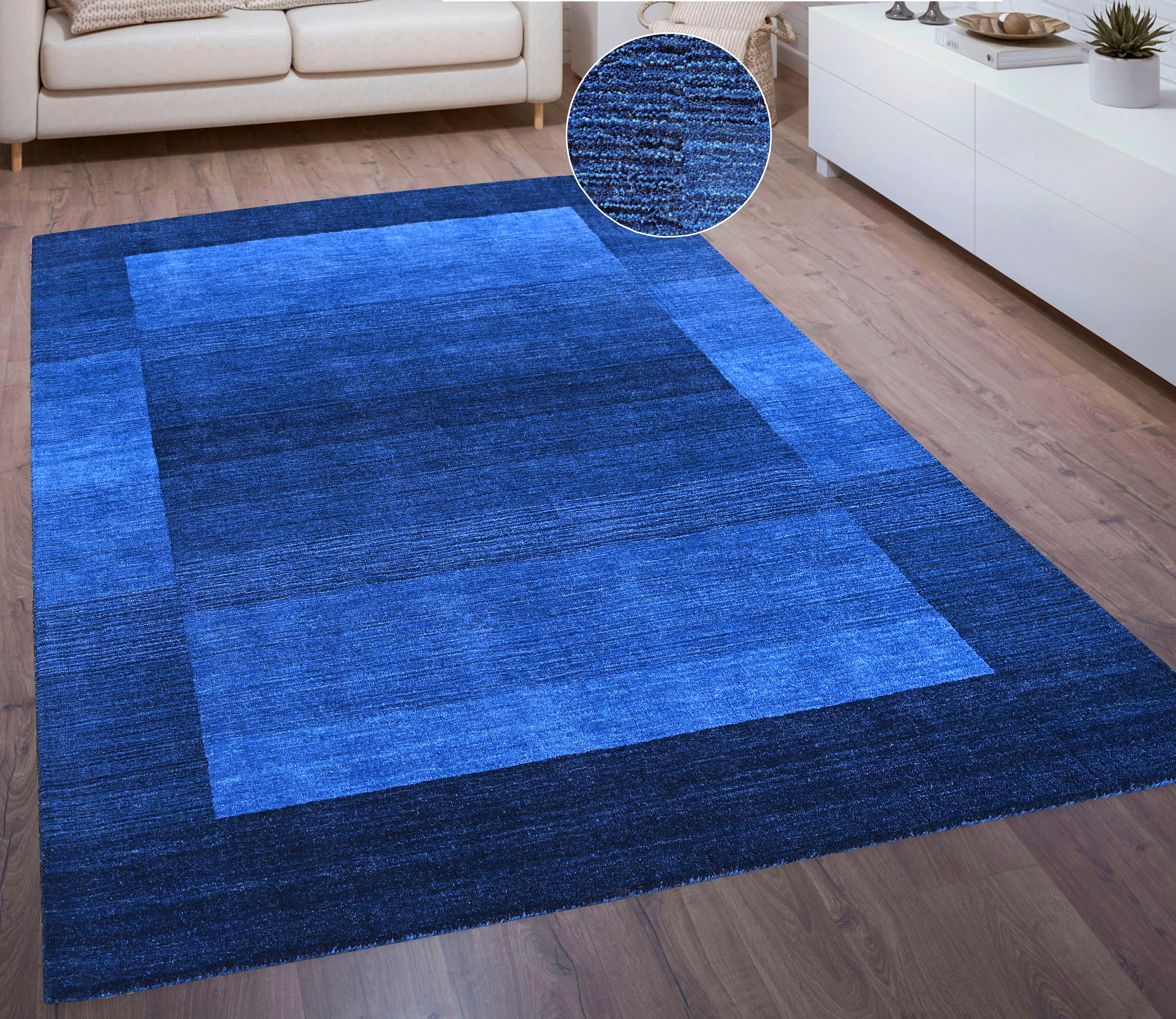 Wollteppich THEKO "Gabbeh Super, Handweb Teppich, Bordüre, reine Wolle, handgewebt" Gr. 7, blau (dunkelblau), B:240cm H:9mm L:340cm, Wolle, Teppiche, Schlafzimmer, Wohnzimmer, Esszimmer, auch als Läufer und Bettumrandung, Topseller Image