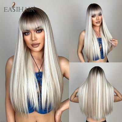 TEMU A Silvery Gradient Long Straight Wig With A Qi Liu Hai Style For Women, Matte High-temperature Fiber, Featuring A Breathable .